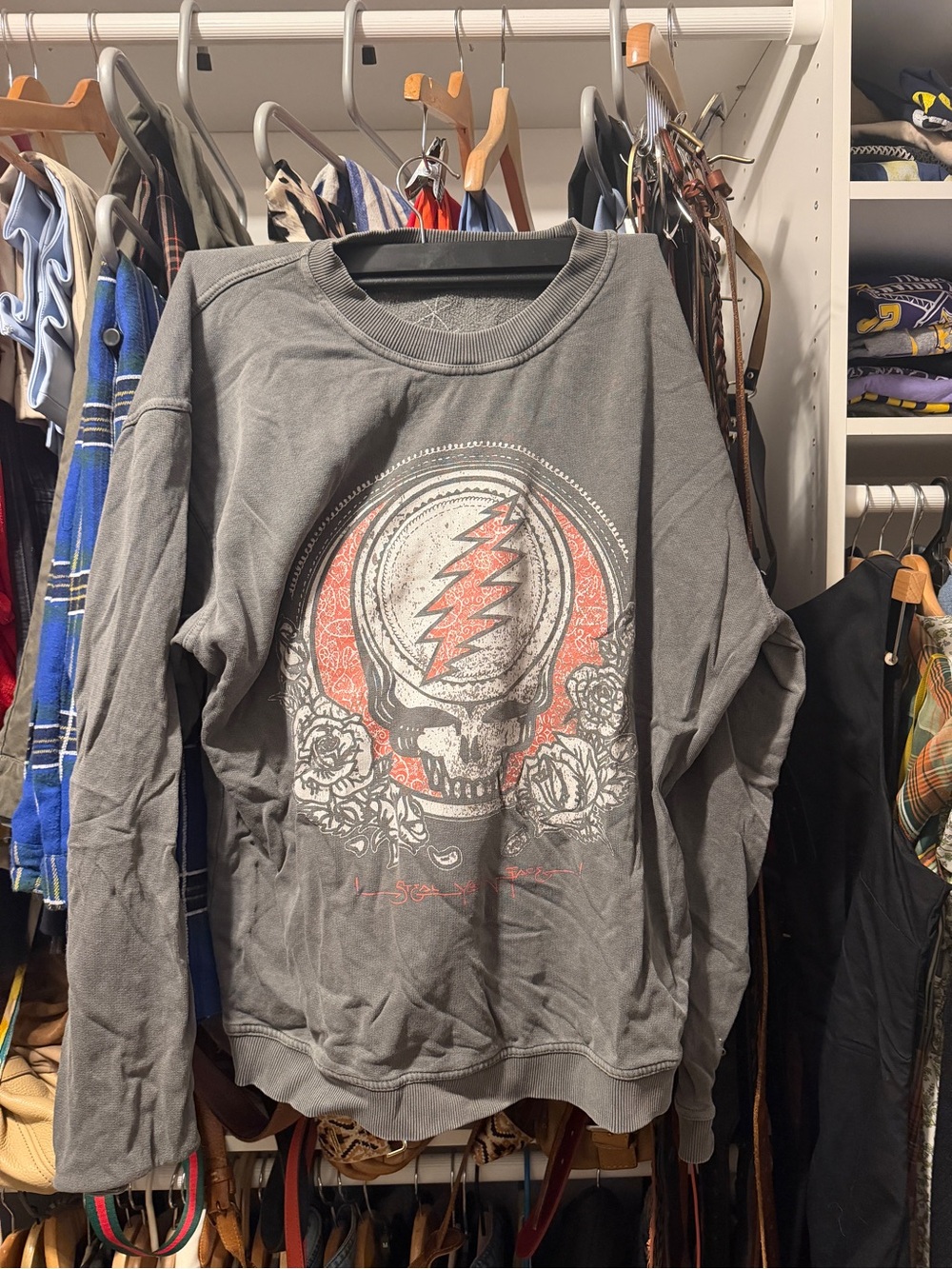 Gray Graphic Crewneck Sweatshirt with Red Accent